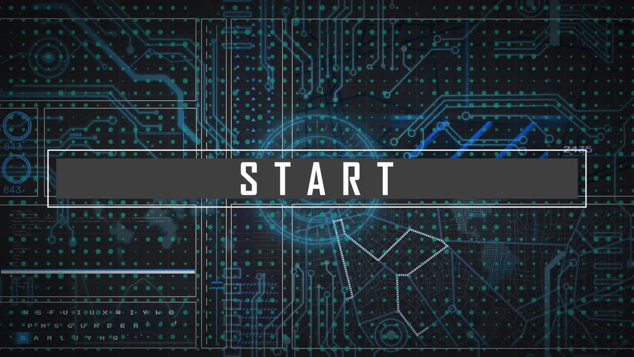Animation of start text over circuit board and networks of connections