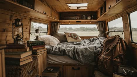 cozy van interior showcasing a serene bedroom setup: soft blankets, warm lighting, and a touch of nature outside, perfect for adventure seekers