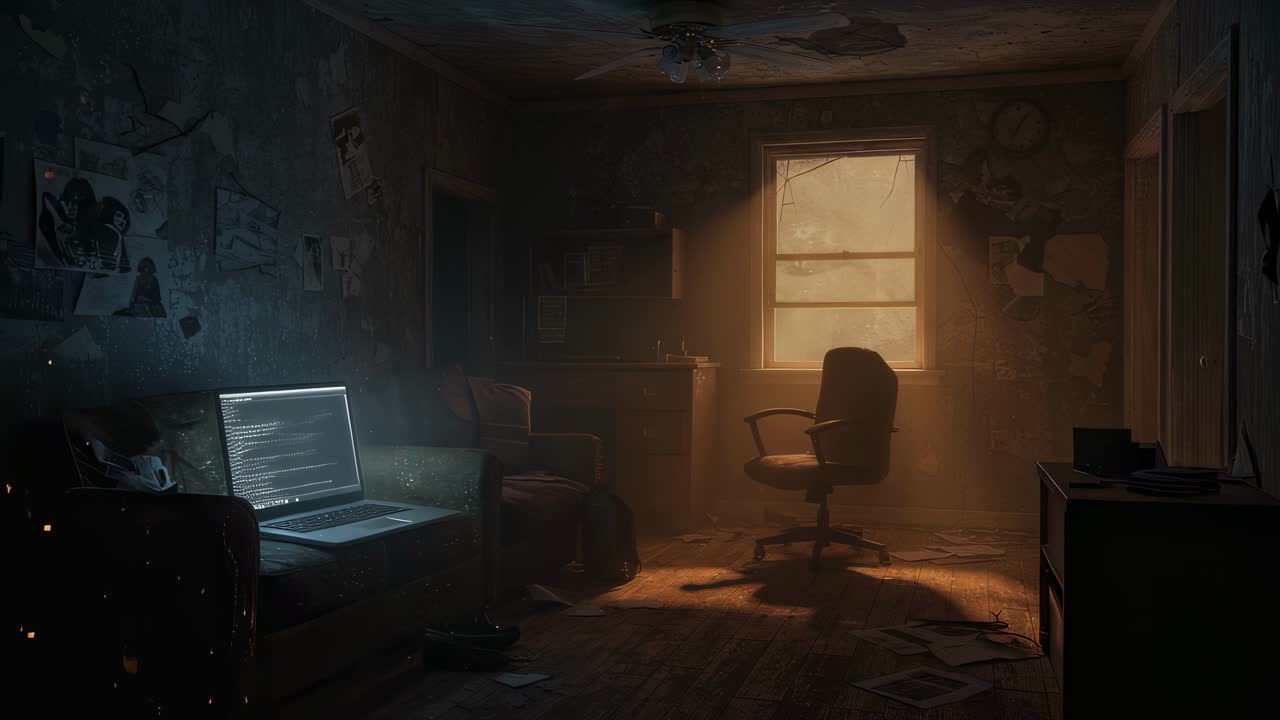 In the dimly lit room, shadows danced across the walls, and scattered papers lay strewn about, creating an air of mystery on that late night