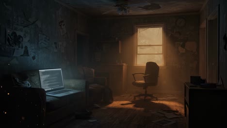 in the dimly lit room, shadows danced across the walls, and scattered papers lay strewn about, creating an air of mystery on that late night