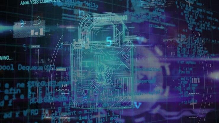 Animation of security padlock and data processing over navy background