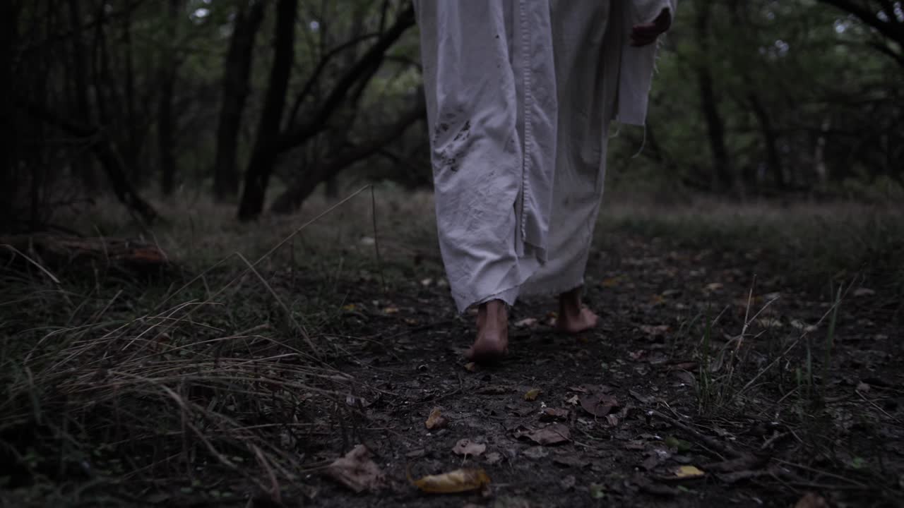 Dramatic shot of Jesus walking in slow motion through forest trees