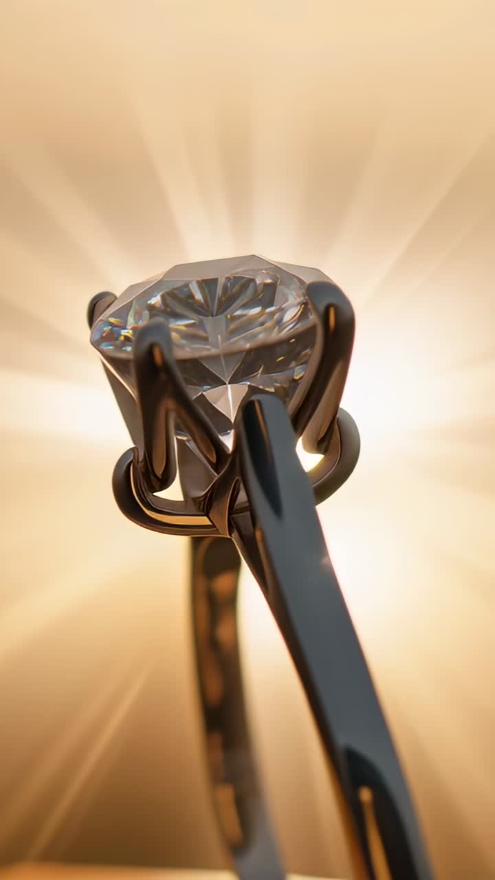 Vertikal video: Panorerande kamera roterar en ring som visar diamantklor, i studio med varm halo och glänsande slipning.
