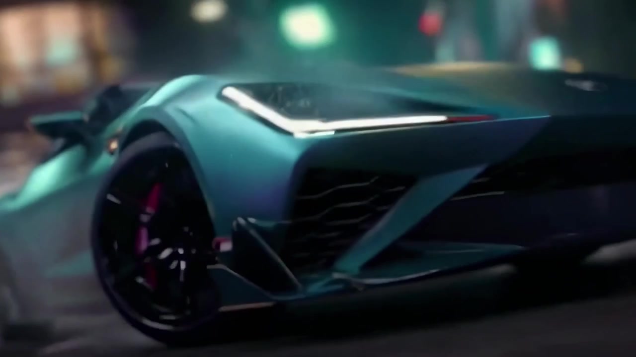 Auto sportiva futuristica che derapa su una strada cittadina bagnata illuminata al neon di notte
