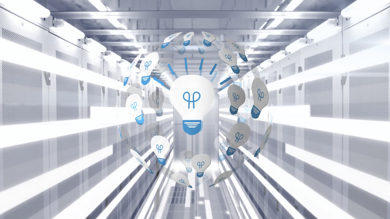 Animation of globe made of bulbs in grey tunnel