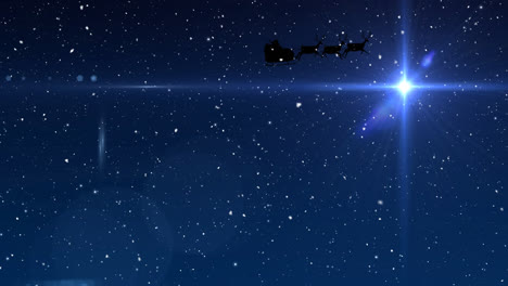 animation of snow falling over santa claus in sleigh with reindeer and glowing star