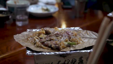 Japanese-Hot-Food-on-Leaf-in-slow-motion