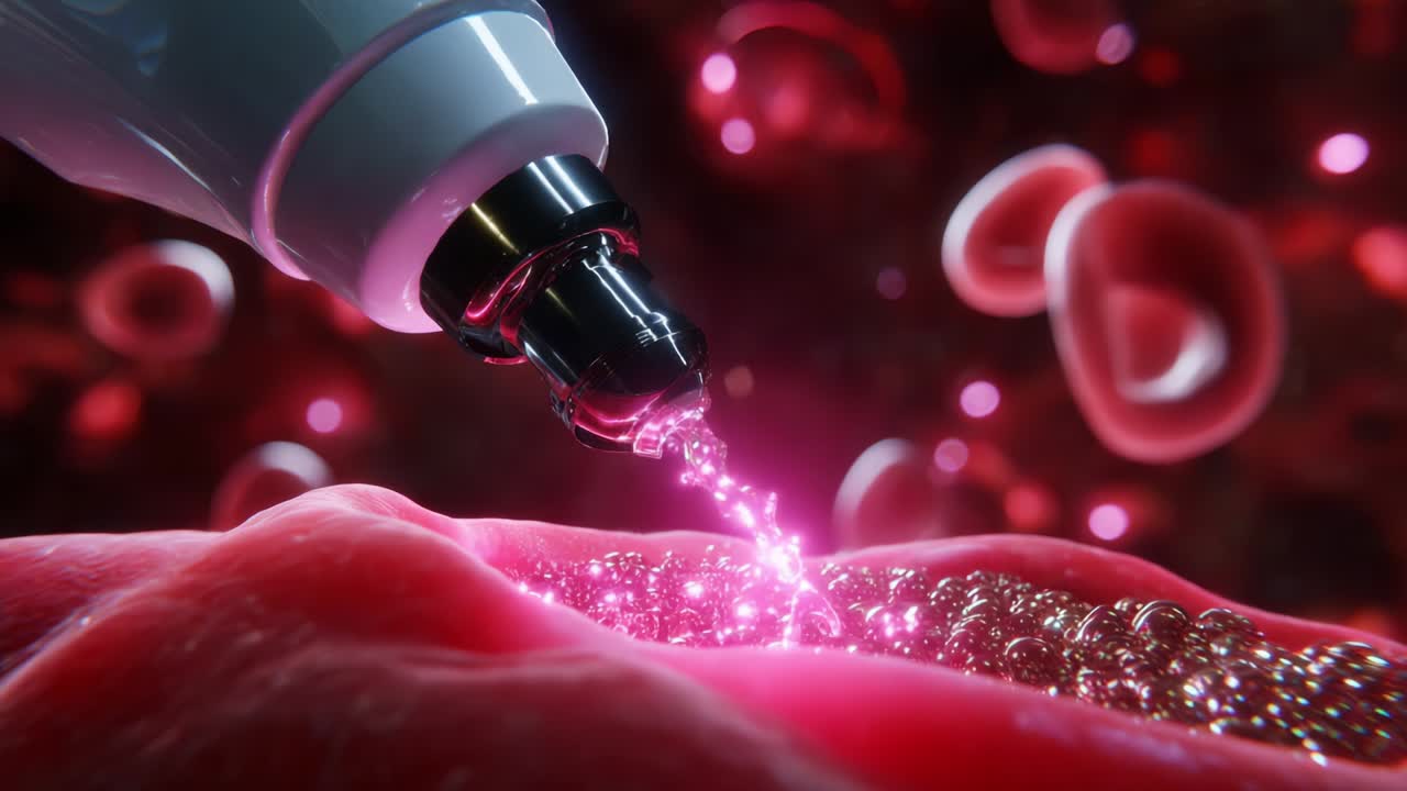 A Close-Up View of a Scientific Experiment Featuring a Injector Dispensing Fluid onto a Cellular Surface, with Rich Cell Structures and Background Elements Captured in Detail and Vivid Coloration