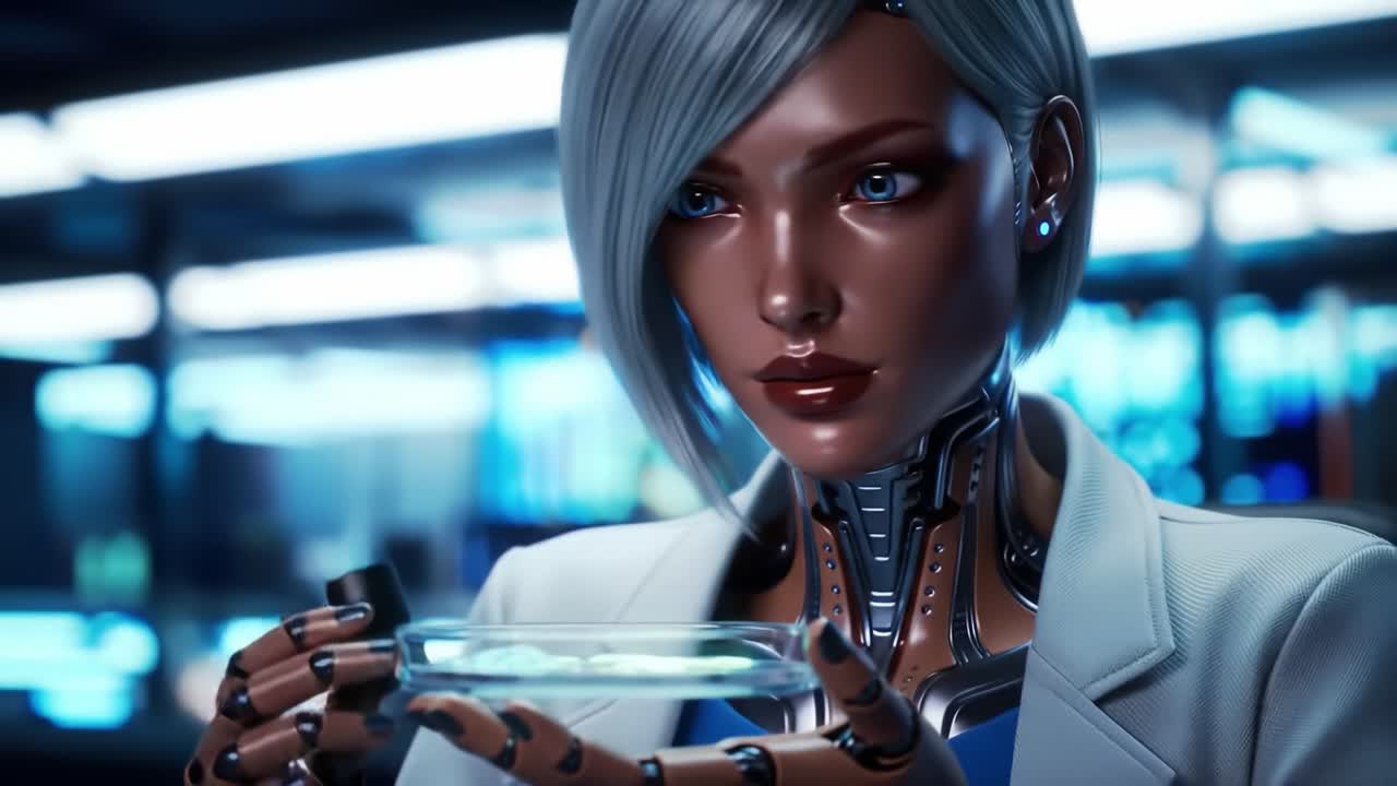 Futuristic Female Android Analyzing a Substance in High-Tech Lab Setting, Showcasing Advanced Robotics and Synthetic Intelligence in Action