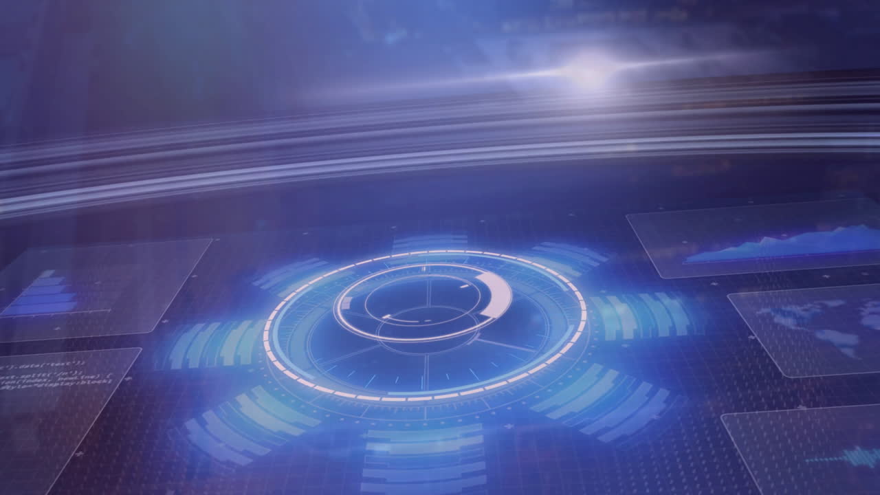 Elaborazione dati con interfaccia circolare e grafici in un'animazione futuristica