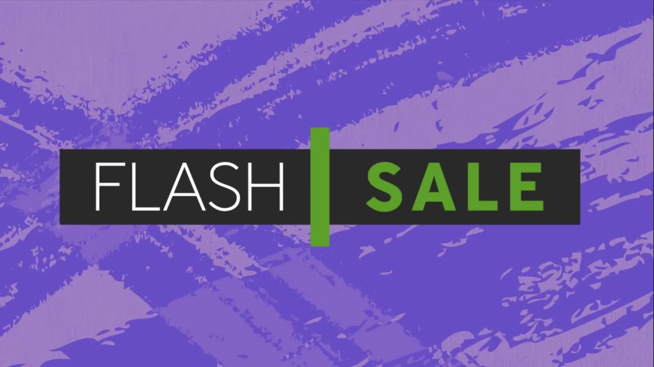 플래시 판매 텍스트 배너의 디지털 애니메이션은 파란색 배경에 그룬지 효과에 대항합니다.