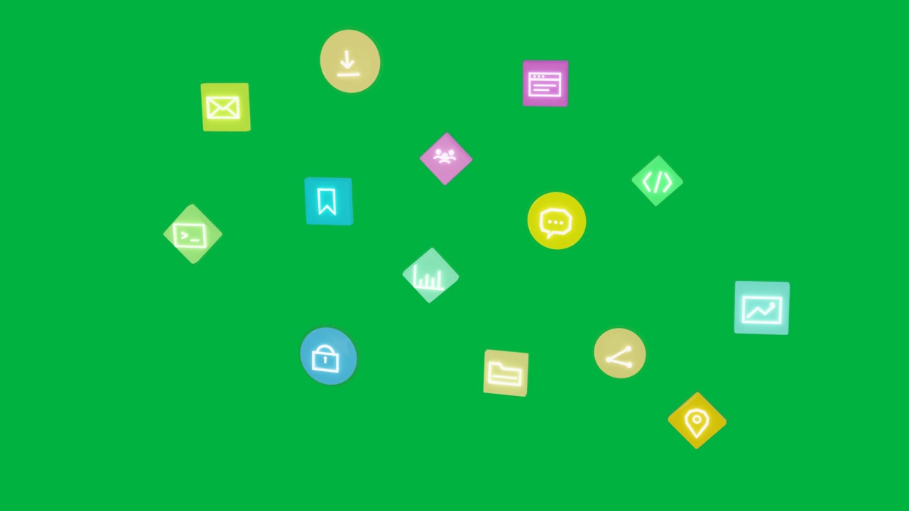 Mail che appare, icone iniziali che formano un cluster luminoso, poi si ridimensionano e si allontanano dallo sfondo trasparente per mostrare il menu