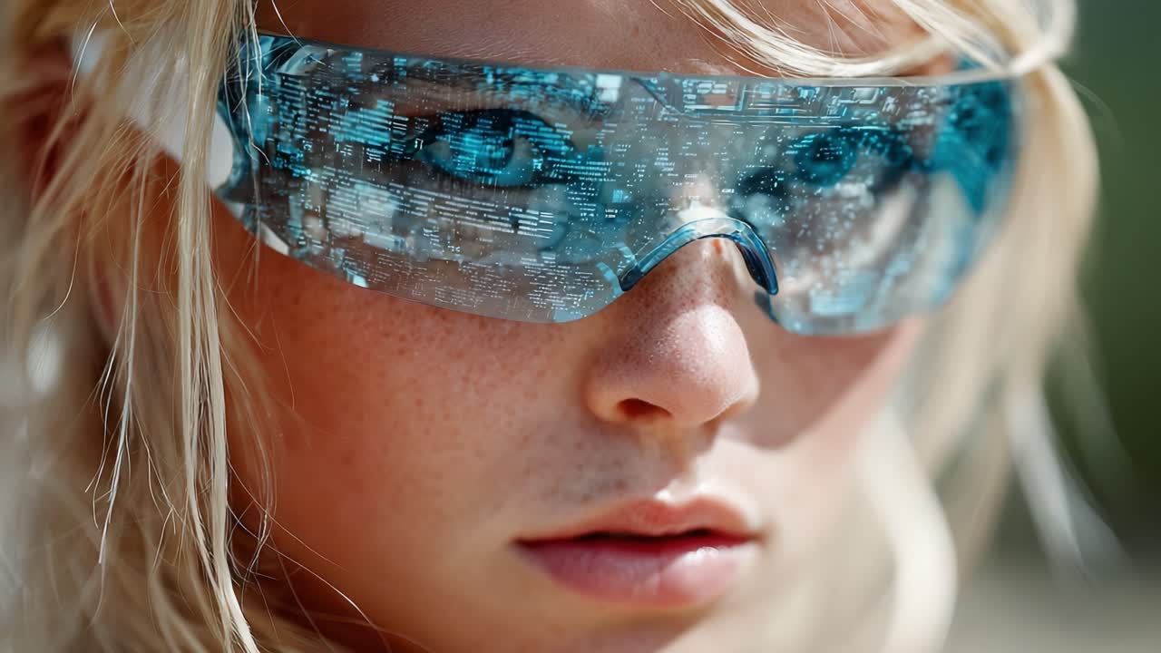 Close-Up of a Young Person Wearing Futuristic Glasses with Data Overlay, Highlighting Technology, Youth, and Facial Features in a Bright Environment