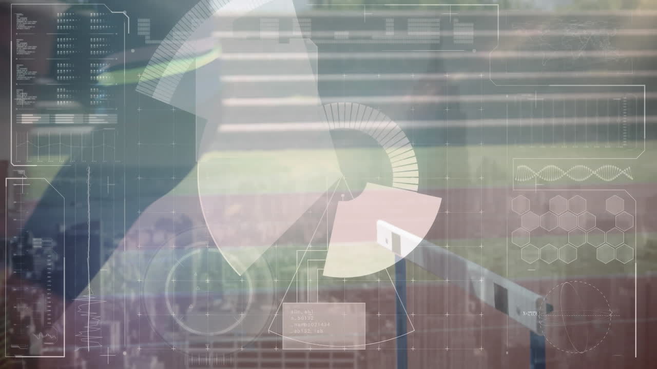 스포츠 스타디움의 러너 점프 장애물 위의 디지털 인터페이스에서 데이터 처리의 애니메이션