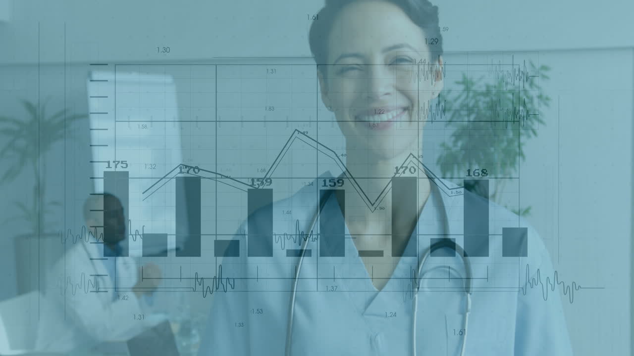 Medical data charts animation over smiling healthcare professional in hospital