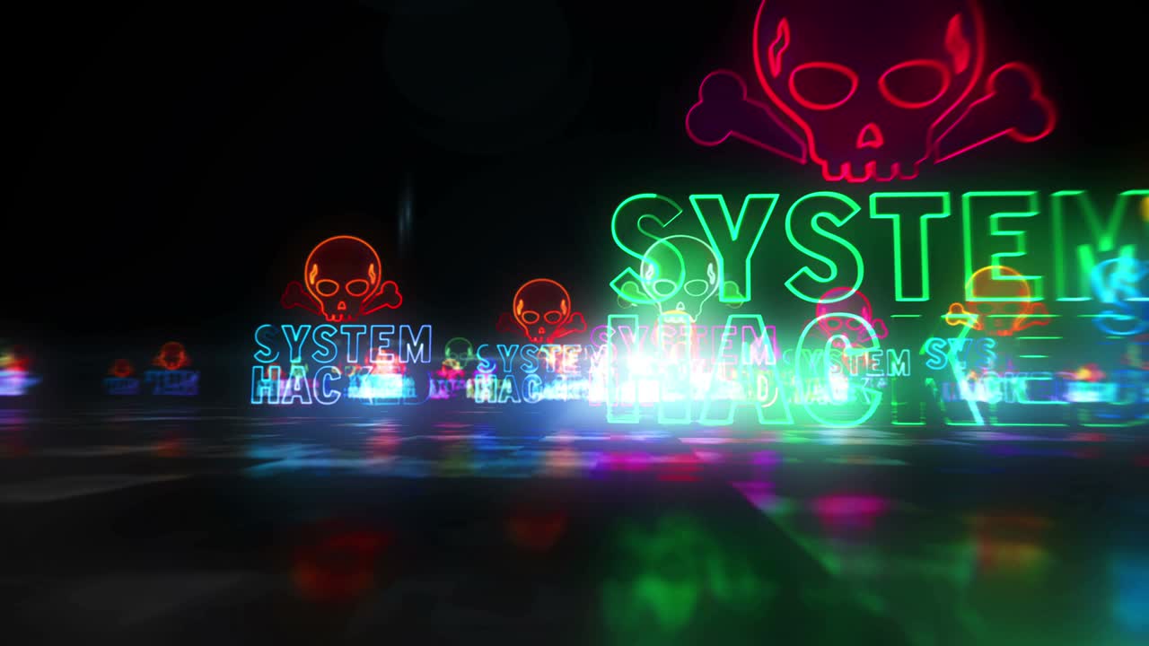 System hacked alert with skull symbol abstract loopable hyperspace animation