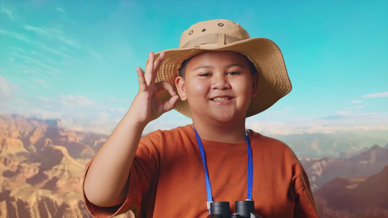 Asian Boy With A Hat Showing Okay Gesture After Looking Through The Binoculars. Boy Researcher Examines Something While Traveling At The Top Of Mountain, Travel Tourism Adventure Concept, Close Up