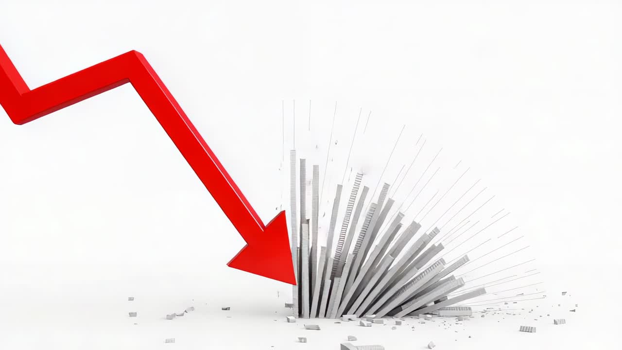 Descending red zigzag arrow striking vertical white bar cluster on white stage, scattering debris