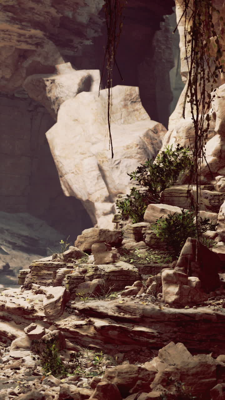 Desert canyon landscape revealing rock formations and plant life at midday