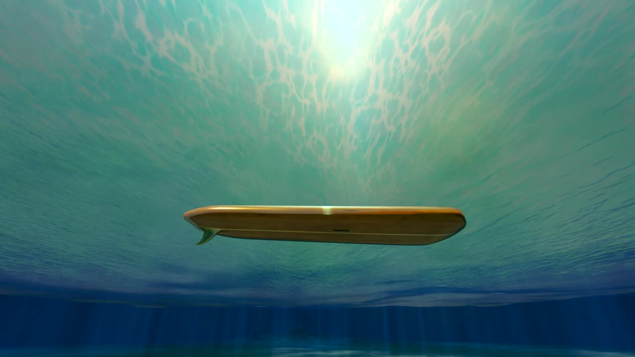 Submerged Surfboard in Calm Ocean Waters
