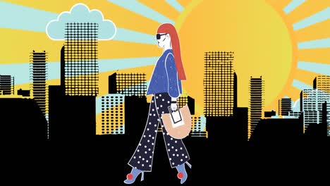 animation of fashion drawing of model in city on yellow background