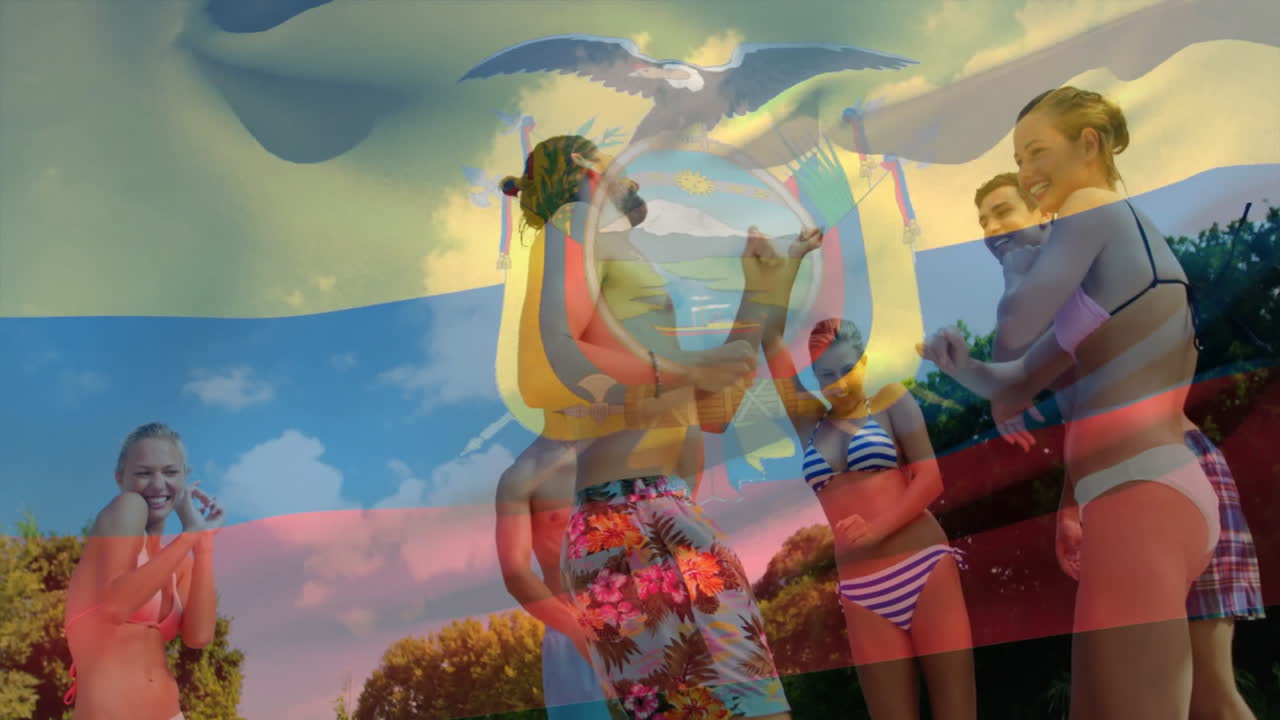 Animation of friends in swimwear with Ecuador flag overlay, celebrating outdoors