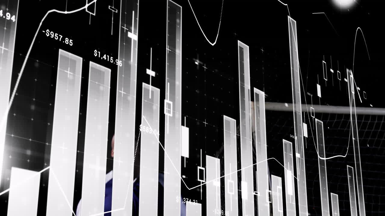 Overlaying financial data charts, soccer player near goalpost in animation scene