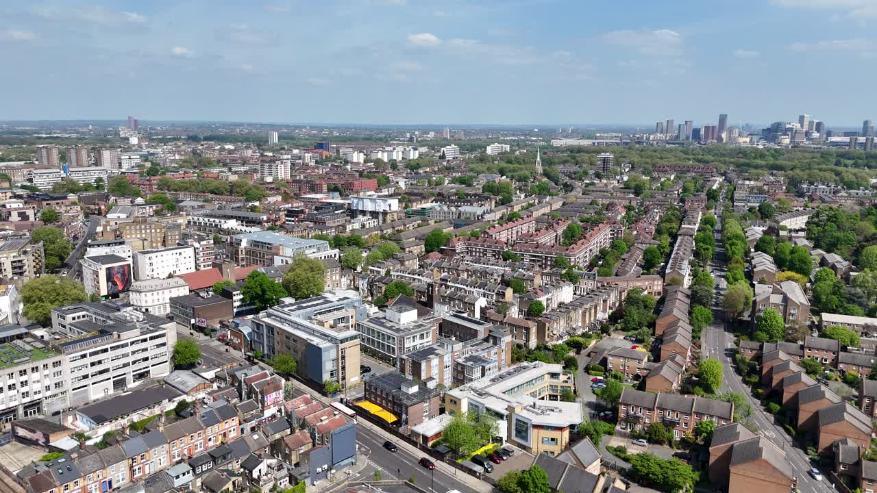 Panning drone aerial East London Bethnal Green streets and houses