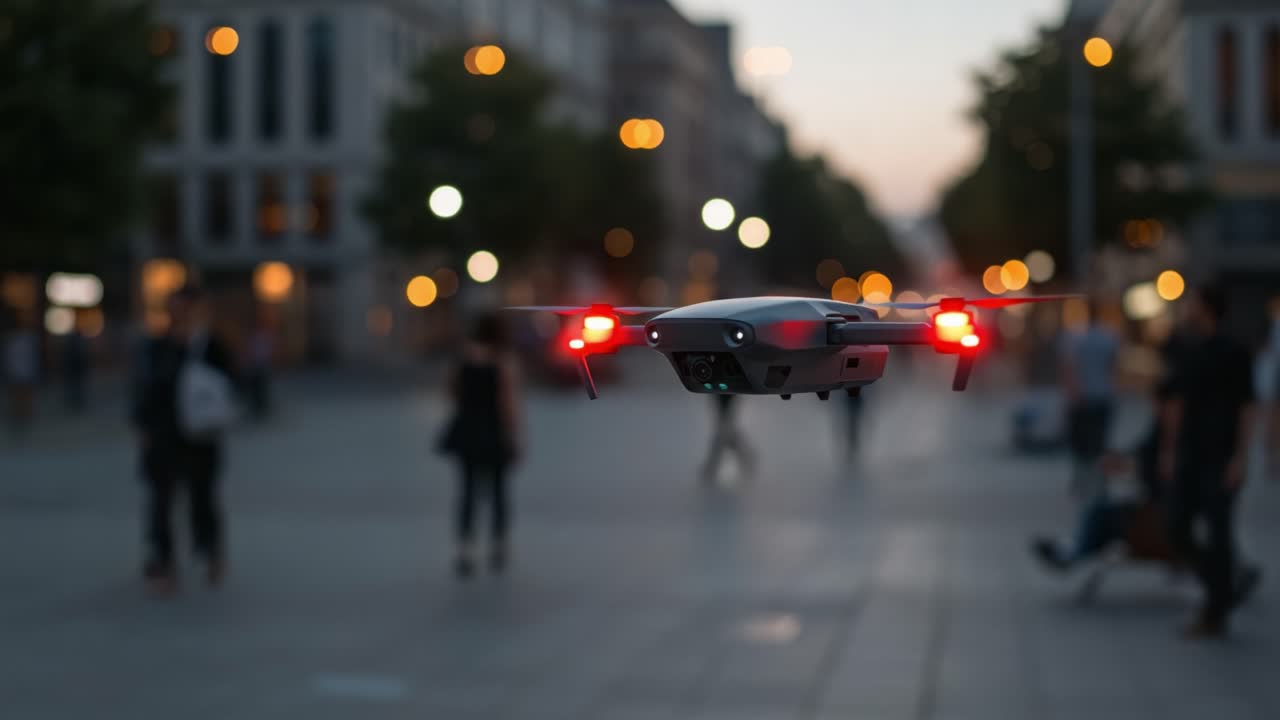 Aerial Technology in Action: Captivating Images of a Drone Capturing Urban Landscapes at Dusk, Showcasing the Intersection of Innovation and Daily Life