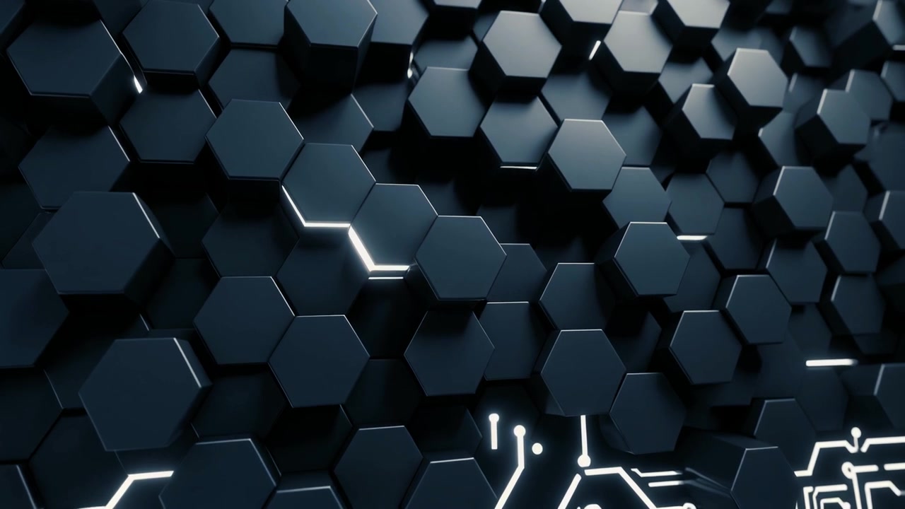 Dynamic Hexagon Background with Pulsating Lights and Digital Circuitry