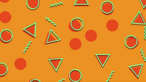 Animated-graphic-shape-pattern-loop,-colorful-geometric-shapes-of-circles,-triangles-and-lines-on-orange-background-moving