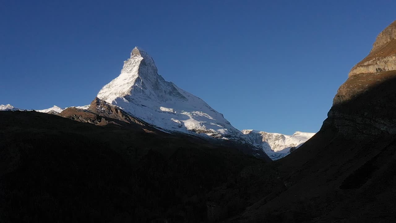 Drone Aerial Flight Over Majestic Mountain Peak Matterhorn