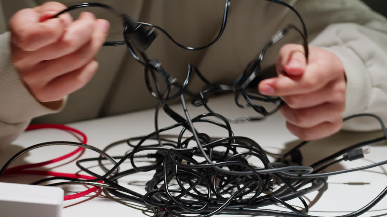 Young woman trying to untangle many various of wires close-up. Tangled wires and cables on table. Trying to untangle many messy and chaos cables
