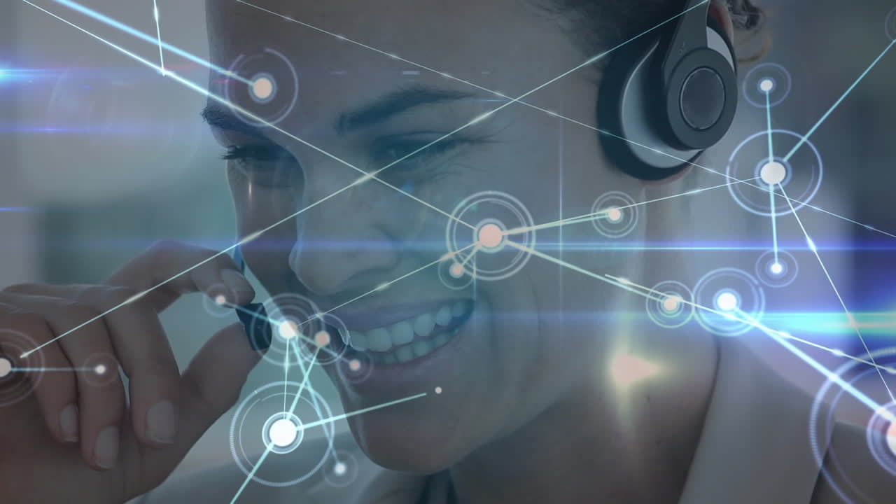 Animazione di una rete di connessioni su una donna d'affari che indossa una cuffia telefonica