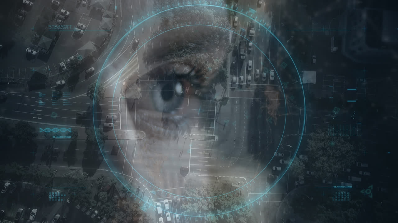 animación de moléculas y escaneo de alcance sobre el ojo de una mujer caucásica