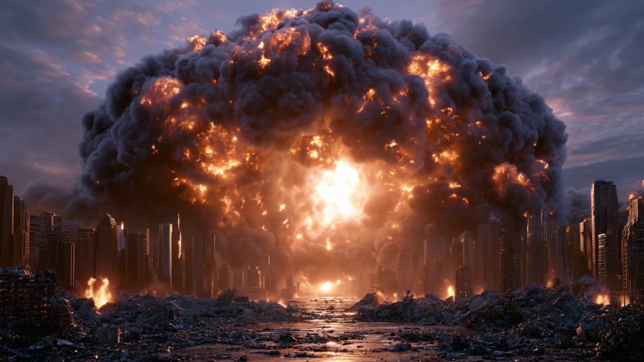A catastrophic explosion engulfs a devastated city skyline, showcasing a fiery mushroom cloud rising amidst the destruction and chaos of a post-apocalyptic landscape.