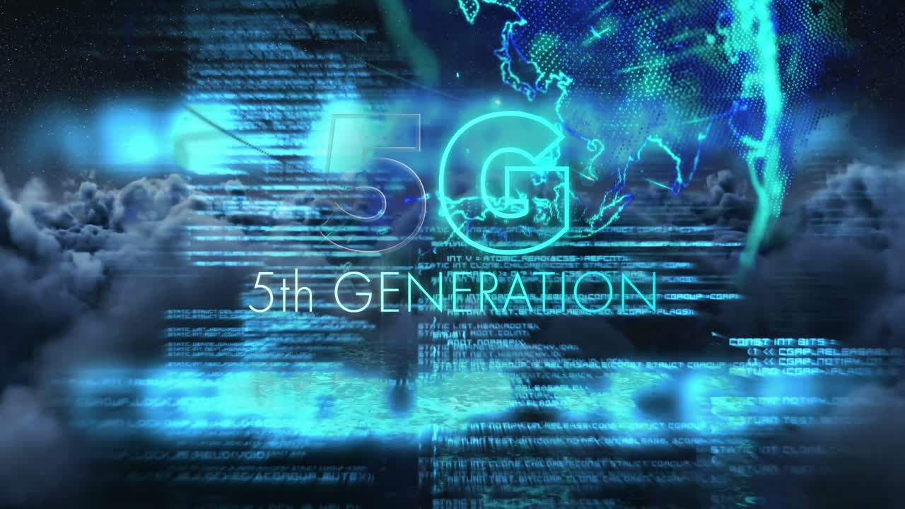 Animation of 5g 5th generation text over globe spinning in background