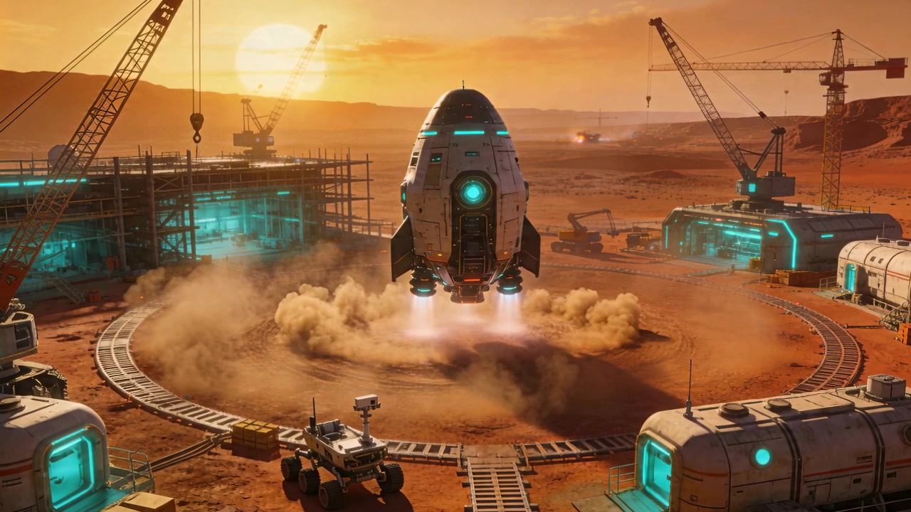 Thrusters firing, vertical capsule lander descending for landing on pad at sunset, lifting dust