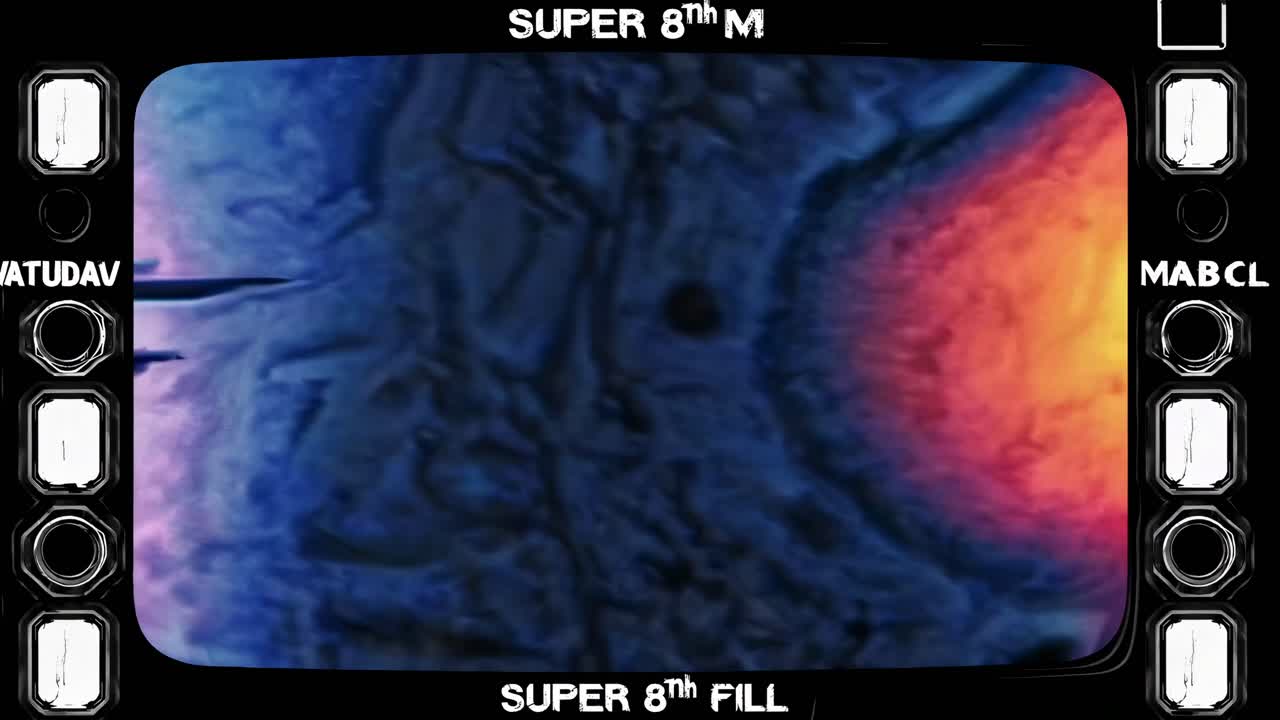 Retro video style with vibrant, abstract colors in a Super 8mm film frame