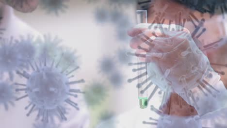 Animation-of-corona-virus-with-scientist-in-background