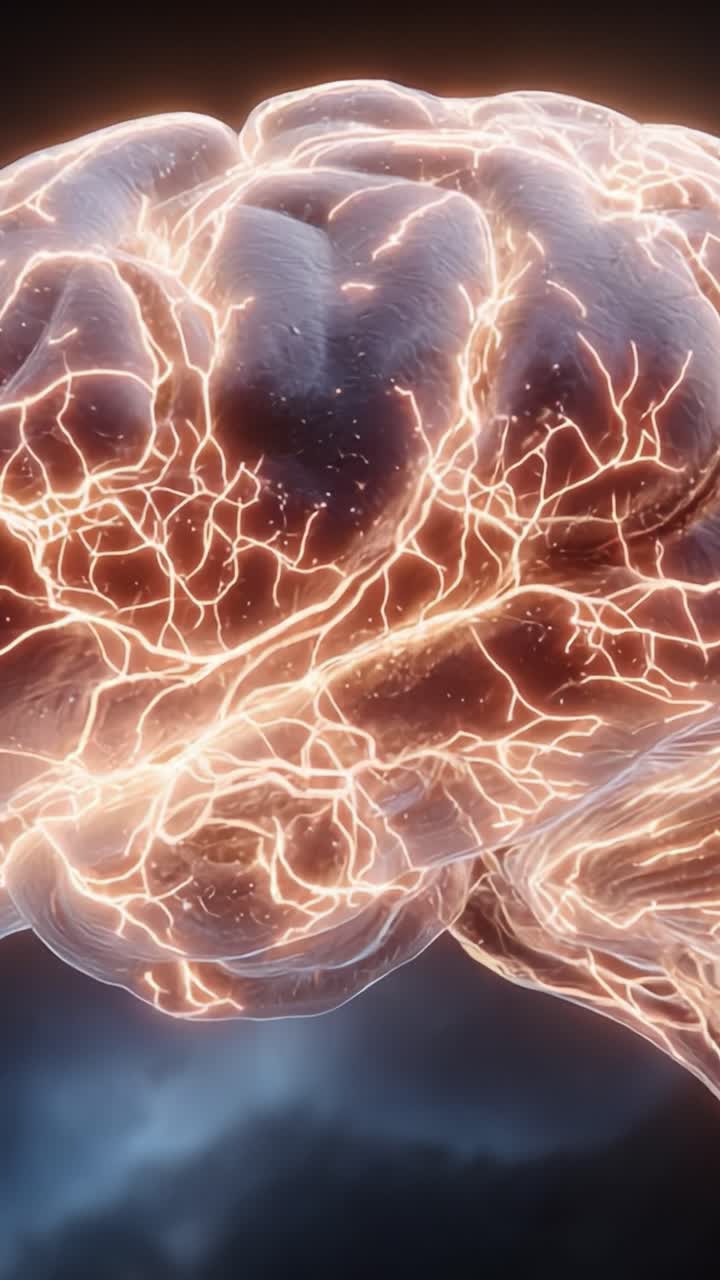 A Close-Up Visualization of a Human Brain with Dynamic Neural Pathways Illuminated by Electric Currents Representing Cognitive Activity and Connectivity