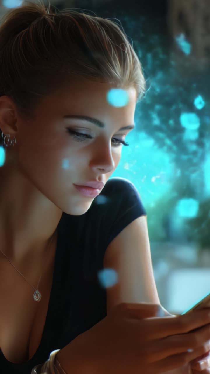 Una giovane donna contemplativa fissa intensamente il suo smartphone mentre affascinanti particelle blu le vorticano intorno, creando un'atmosfera digitale ipnotizzante.