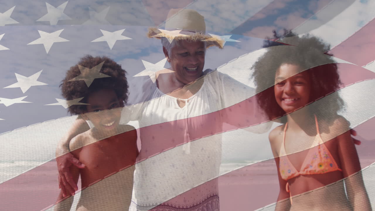 animación de la bandera de los estados unidos de américa sobre una abuela afroamericana con nietos