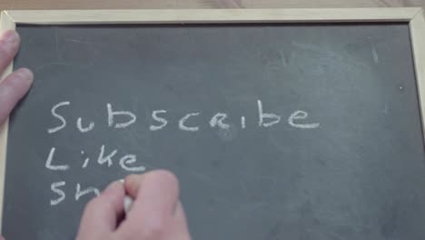 subscribe like share written by hand on blackboard with chalk