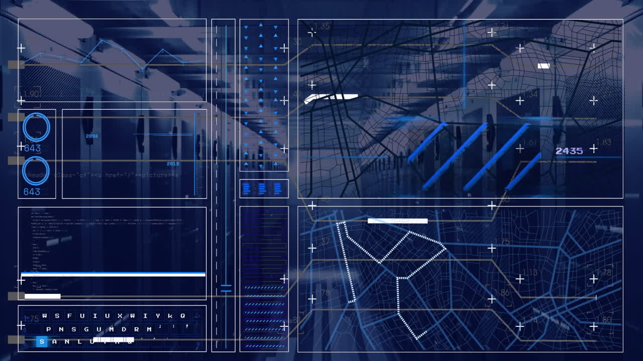 Animation of complex data and graphs on digital interface over blue background