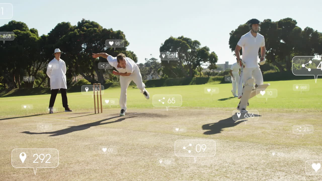 Cricket players in action with animation of social media interaction icons