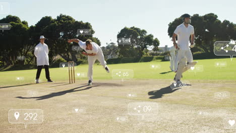 cricket players in action with animation of social media interaction icons