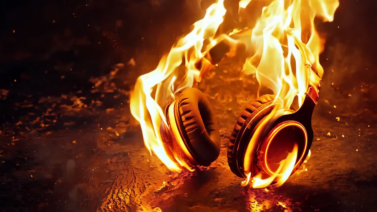 un par de auriculares en llamas sobre un fondo negro