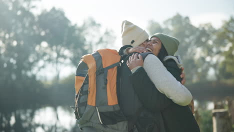 Woman,-man-and-hug-in-nature-for-camping-trip