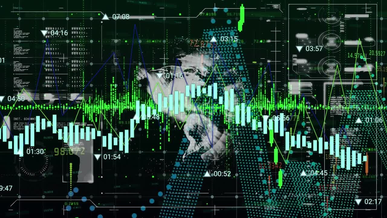Animation of financial data processing over spinning globe and interface with data processing